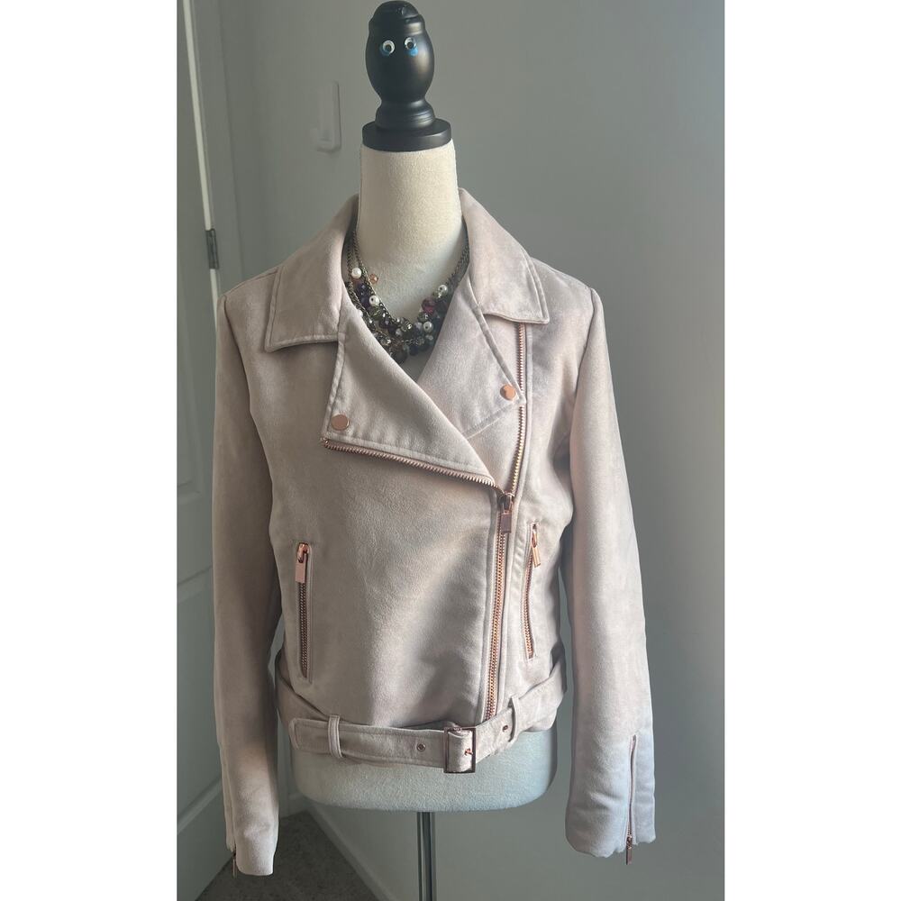 LC Lauren Conrad‎ Tan Rose Gold Runway LTD Edition Moto Zip Up Belted Jacket 14